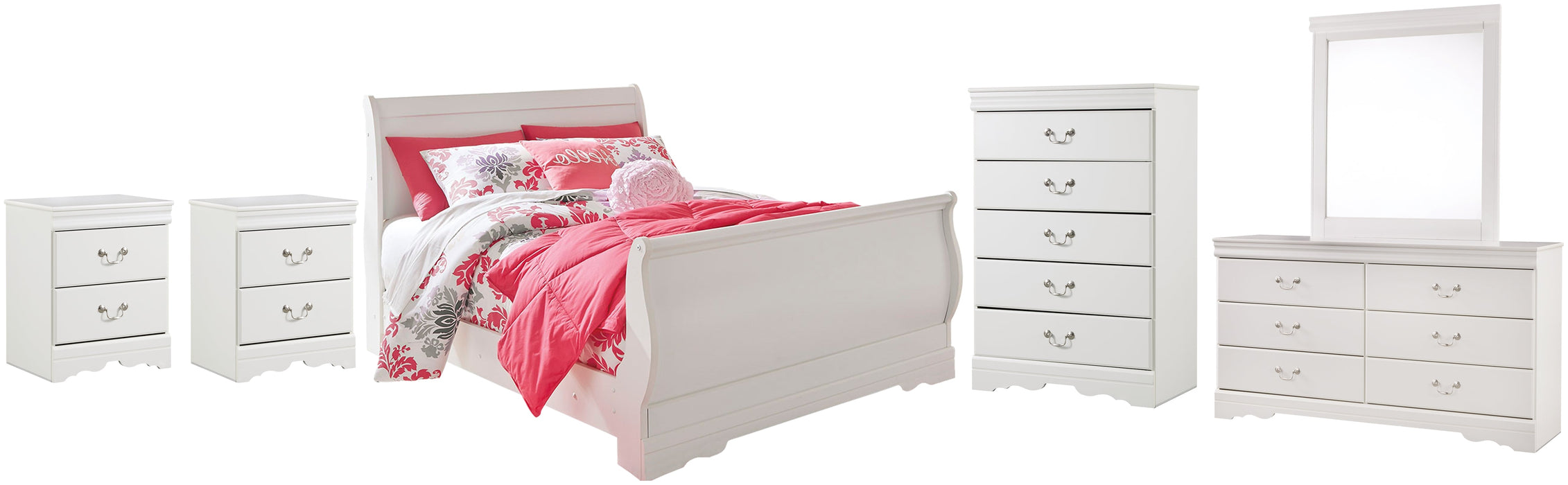 Anarasia Full Sleigh Bed with Mirrored Dresser, Chest and 2 Nightstands Homeline Furniture