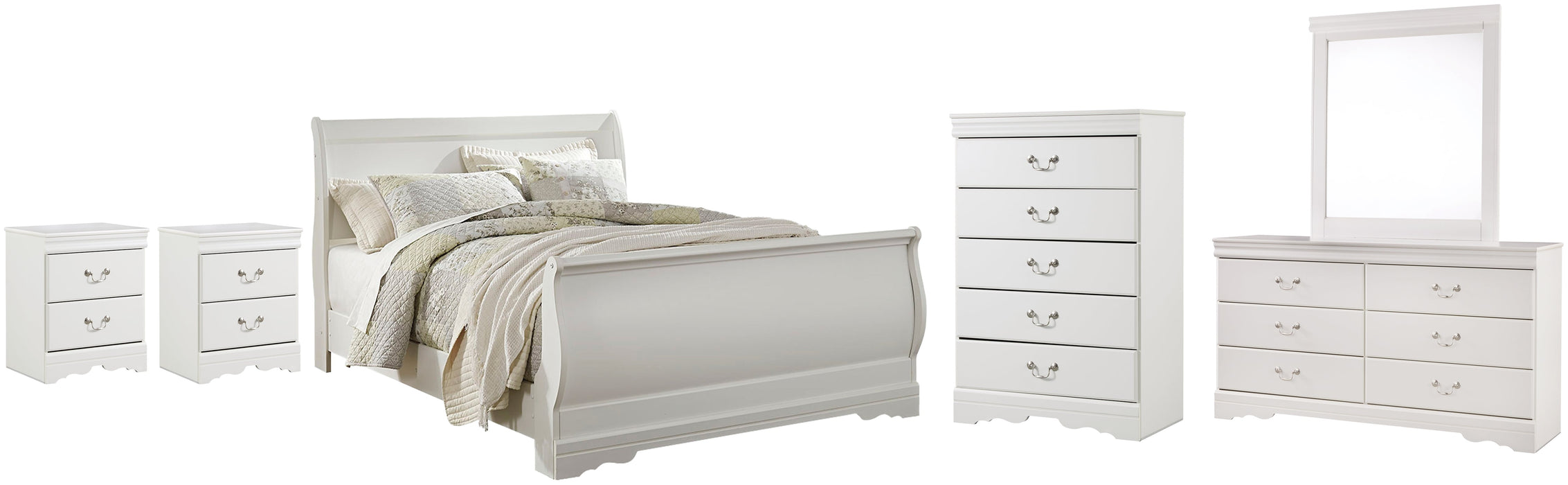 Anarasia Queen Sleigh Bed with Mirrored Dresser, Chest and 2 Nightstands Homeline Furniture