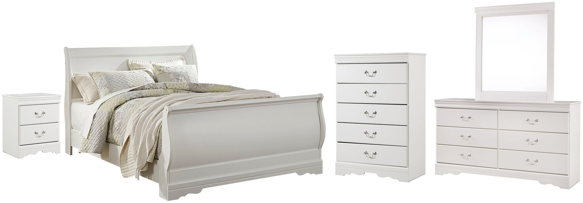 Anarasia Queen Sleigh Bed with Mirrored Dresser, Chest and Nightstand Homeline Furniture