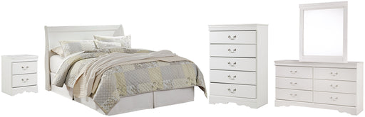 Anarasia Queen Sleigh Headboard with Mirrored Dresser, Chest and Nightstand Homeline Furniture