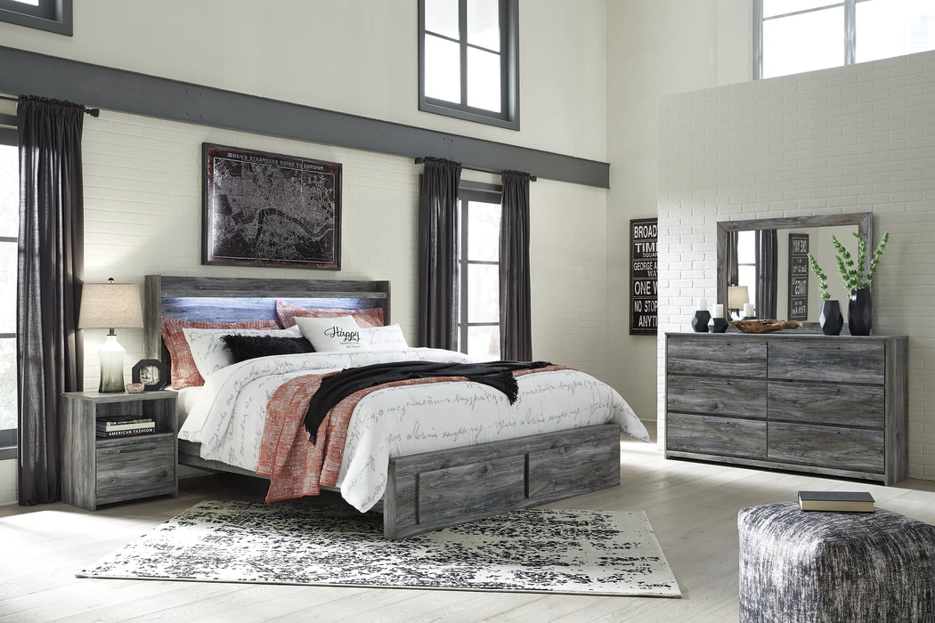 Baystorm King Panel Bed with 2 Storage Drawers with Mirrored Dresser, and Nightstand Homeline Furniture