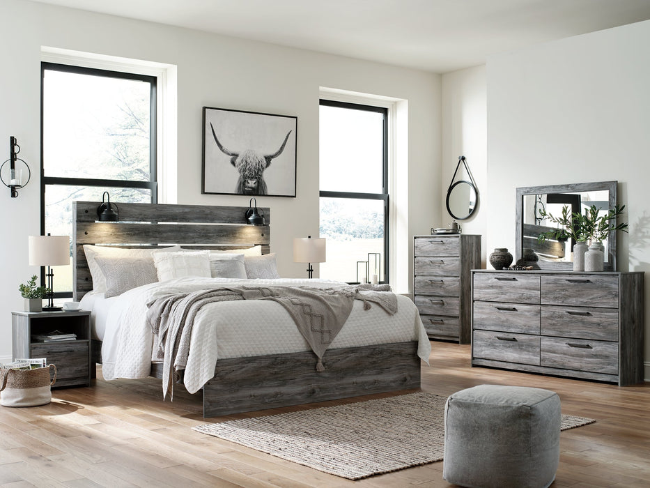 Baystorm King Panel Bed with Mirrored Dresser, Chest and 2 Nightstands Homeline Furniture