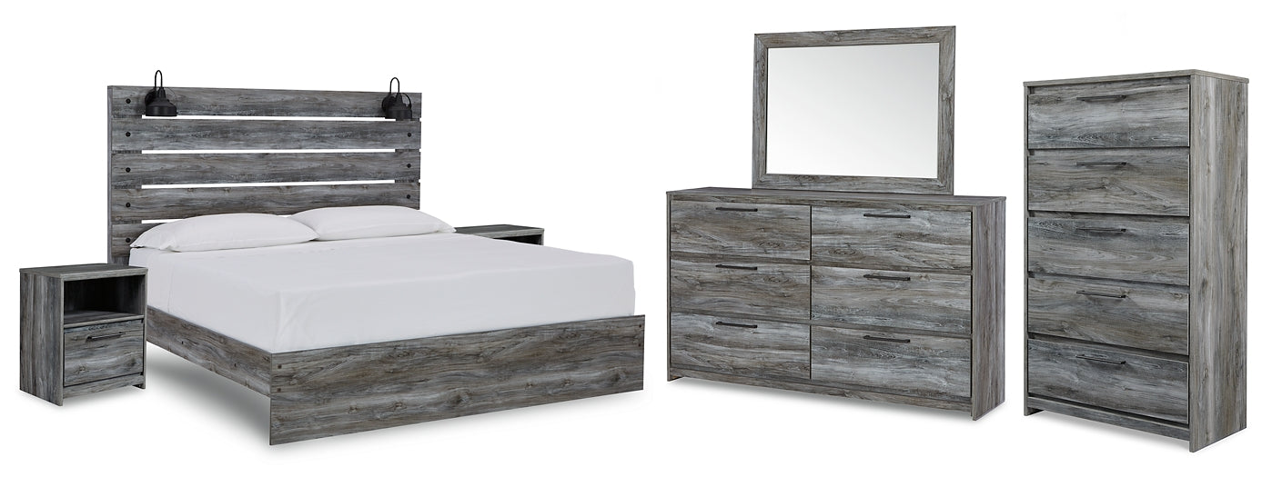 Baystorm King Panel Bed with Mirrored Dresser, Chest and 2 Nightstands Homeline Furniture