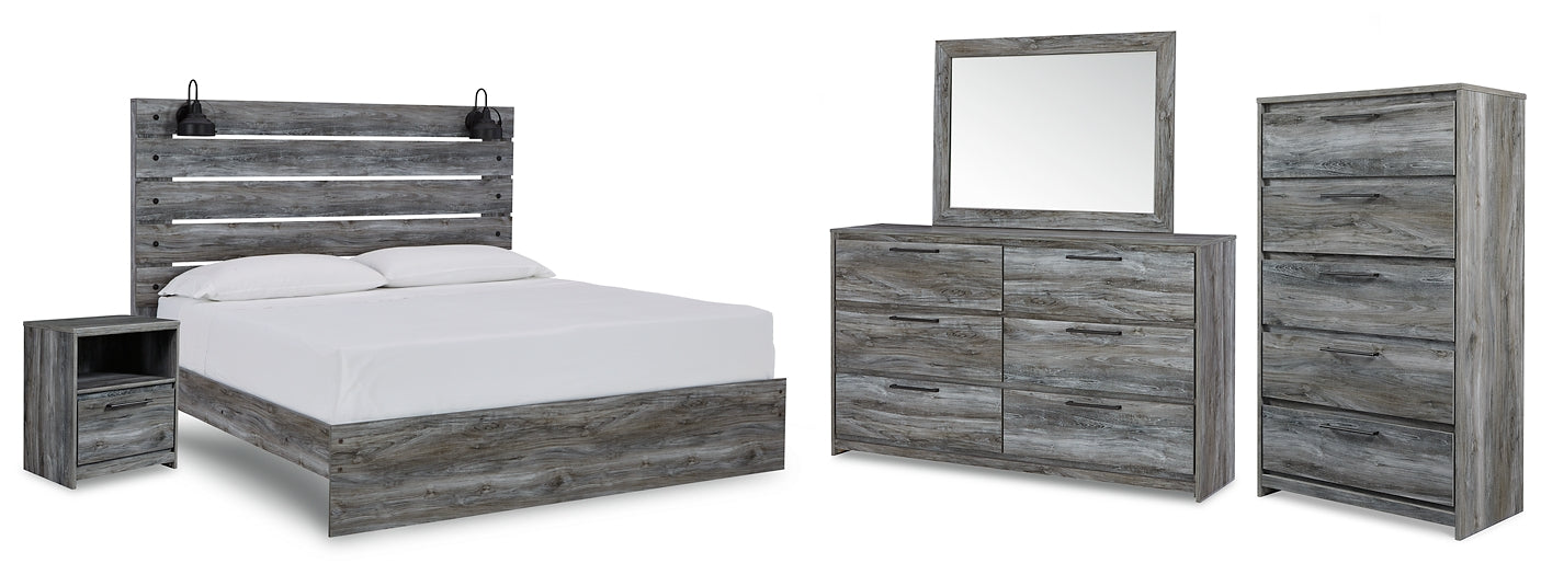 Baystorm King Panel Bed with Mirrored Dresser, Chest and Nightstand Homeline Furniture