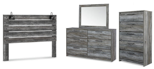 Baystorm King Panel Headboard with Mirrored Dresser and Chest Homeline Furniture