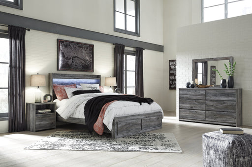 Baystorm Queen Panel Bed with 2 Storage Drawers with Mirrored Dresser and Nightstand Homeline Furniture