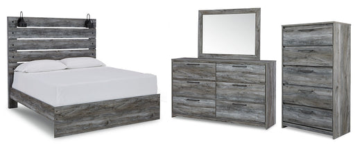 Baystorm Queen Panel Bed with Mirrored Dresser and Chest Homeline Furniture