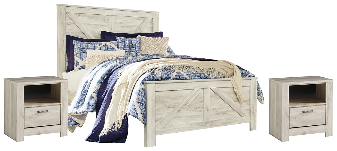 Bellaby Queen Crossbuck Panel Bed with 2 Nightstands Homeline Furniture