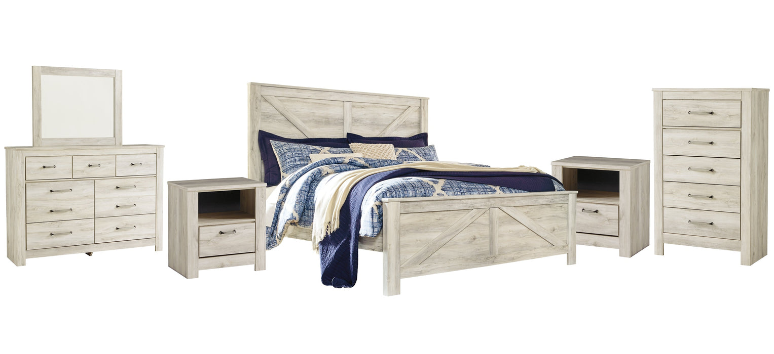 Bellaby Queen Crossbuck Panel Bed with Mirrored Dresser, Chest and 2 Nightstands Homeline Furniture