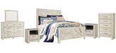 Bellaby Queen Crossbuck Panel Bed with Mirrored Dresser, Chest and 2 Nightstands Homeline Furniture