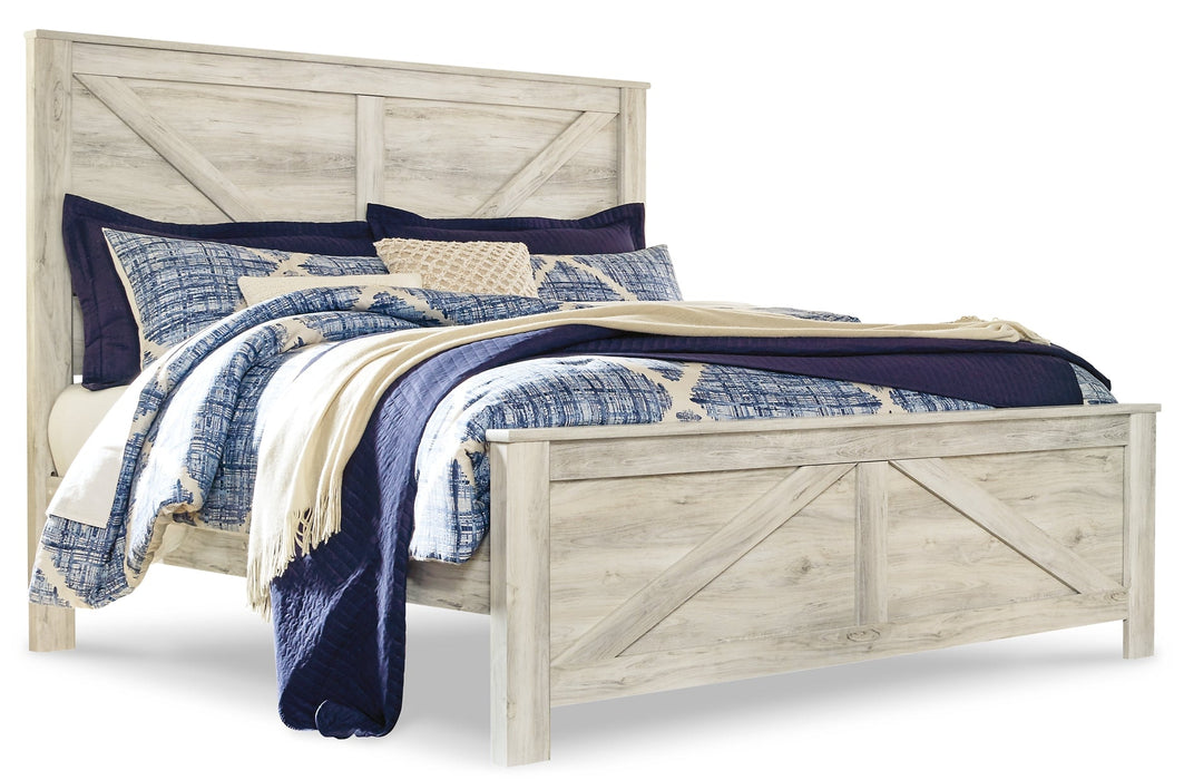 Bellaby Queen Crossbuck Panel Bed with Mirrored Dresser, Chest and Nightstand Homeline Furniture