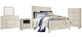 Bellaby Queen Crossbuck Panel Bed with Mirrored Dresser, Chest and Nightstand Homeline Furniture