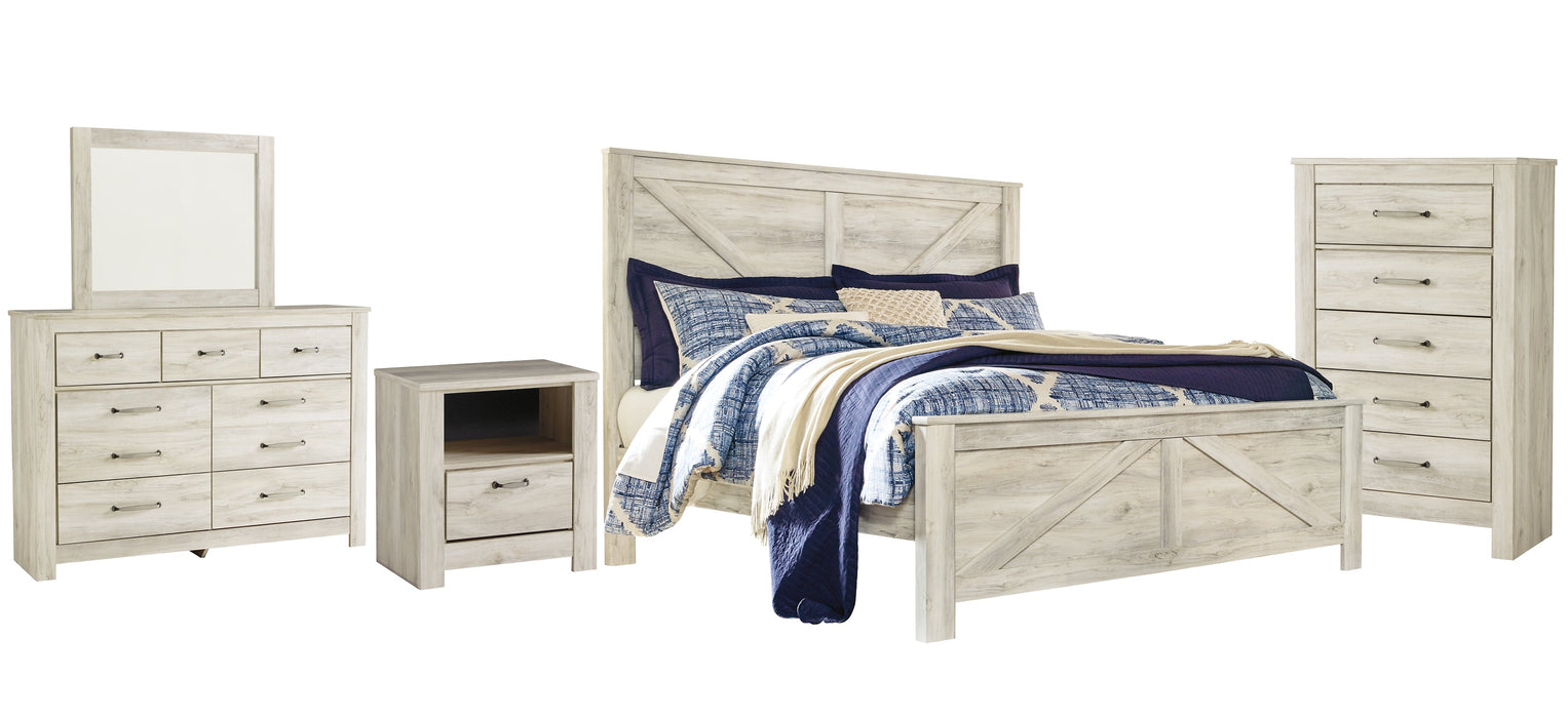 Bellaby Queen Crossbuck Panel Bed with Mirrored Dresser, Chest and Nightstand Homeline Furniture