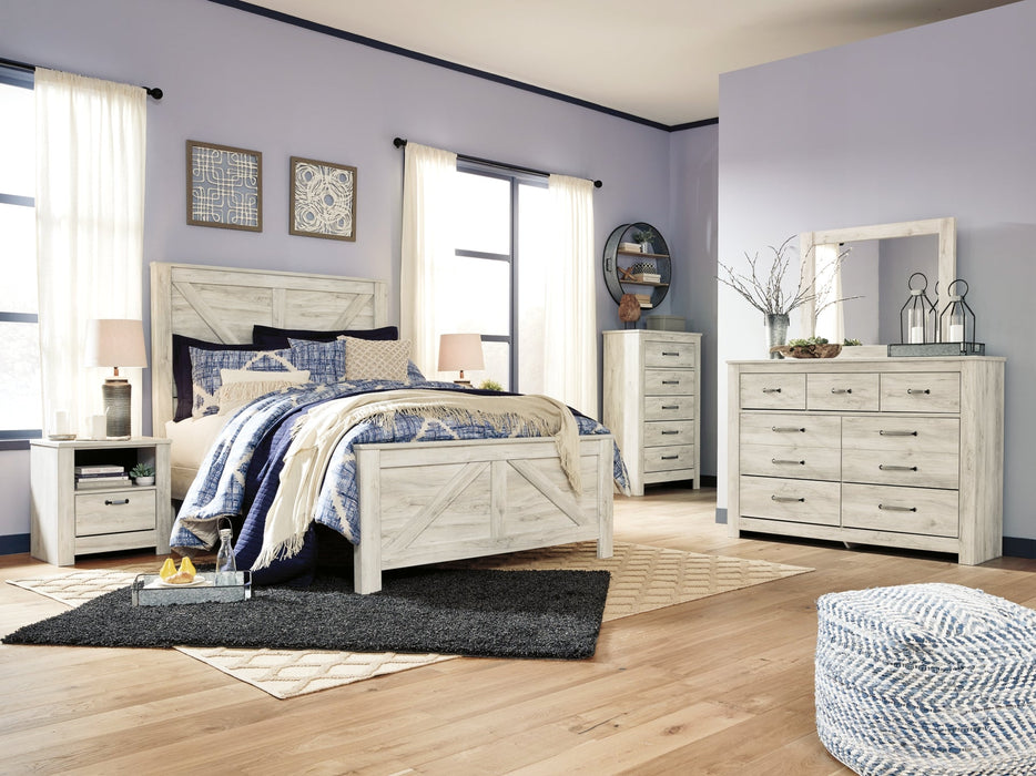 Bellaby Queen Crossbuck Panel Bed with Mirrored Dresser, Chest and Nightstand Homeline Furniture