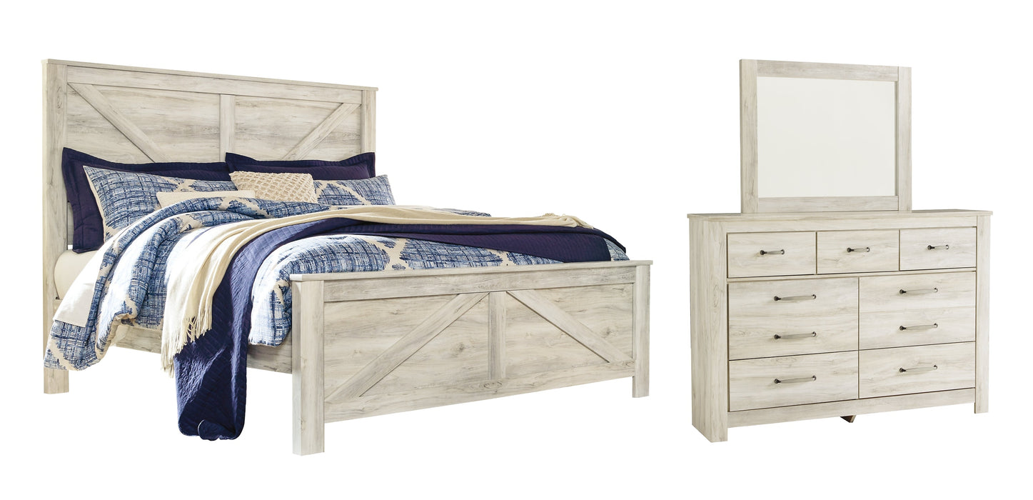 Bellaby Queen Crossbuck Panel Bed with Mirrored Dresser Homeline Furniture