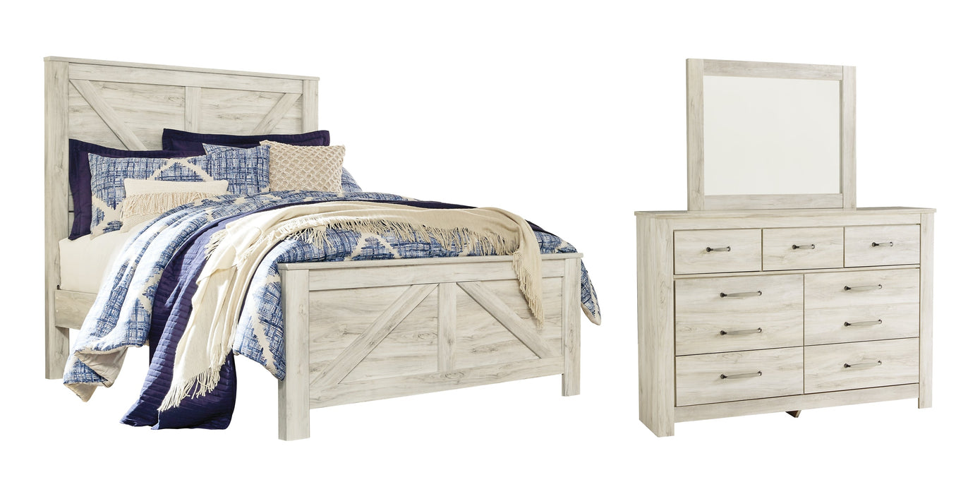 Bellaby Queen Crossbuck Panel Bed with Mirrored Dresser Homeline Furniture