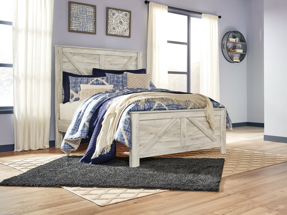 Bellaby Queen Crossbuck Panel Bed with Mirrored Dresser and 2 Nightstands Homeline Furniture