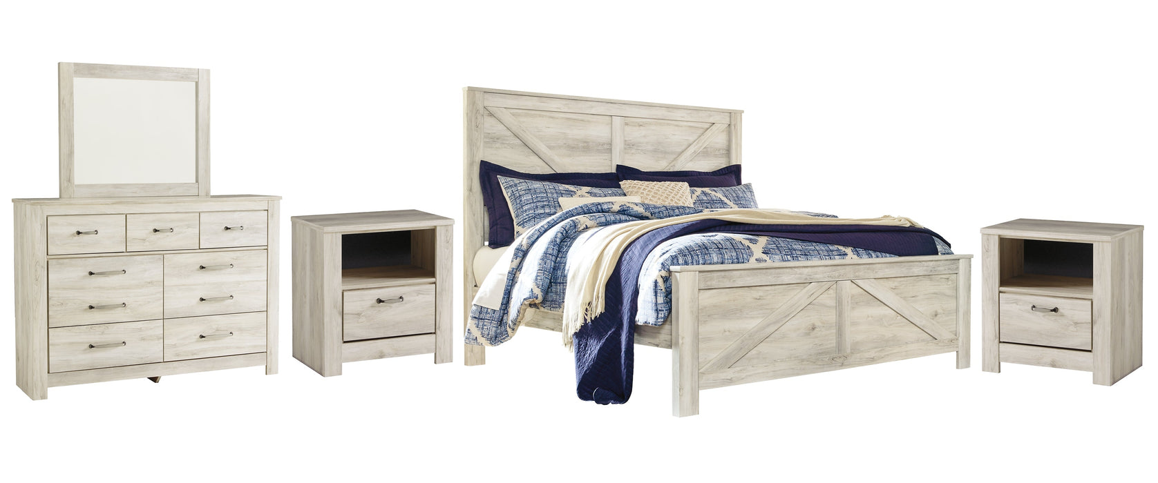 Bellaby Queen Crossbuck Panel Bed with Mirrored Dresser and 2 Nightstands Homeline Furniture