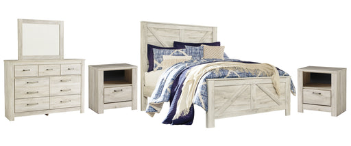 Bellaby Queen Crossbuck Panel Bed with Mirrored Dresser and 2 Nightstands Homeline Furniture