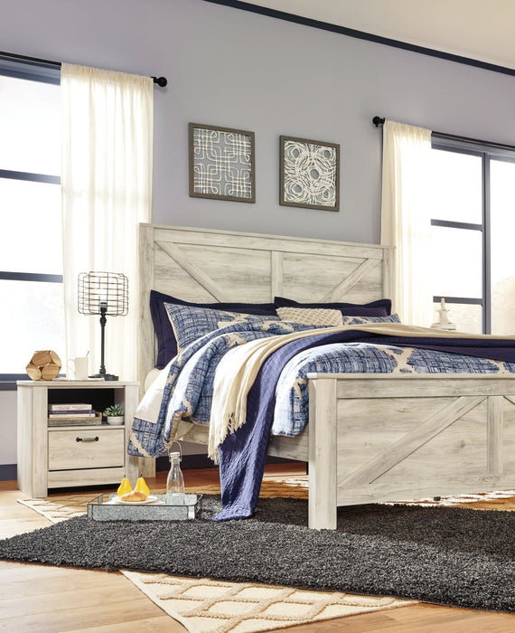 Bellaby Queen Crossbuck Panel Bed with Mirrored Dresser and 2 Nightstands Homeline Furniture