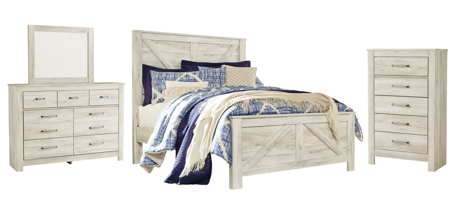 Bellaby Queen Crossbuck Panel Bed with Mirrored Dresser and Chest Homeline Furniture