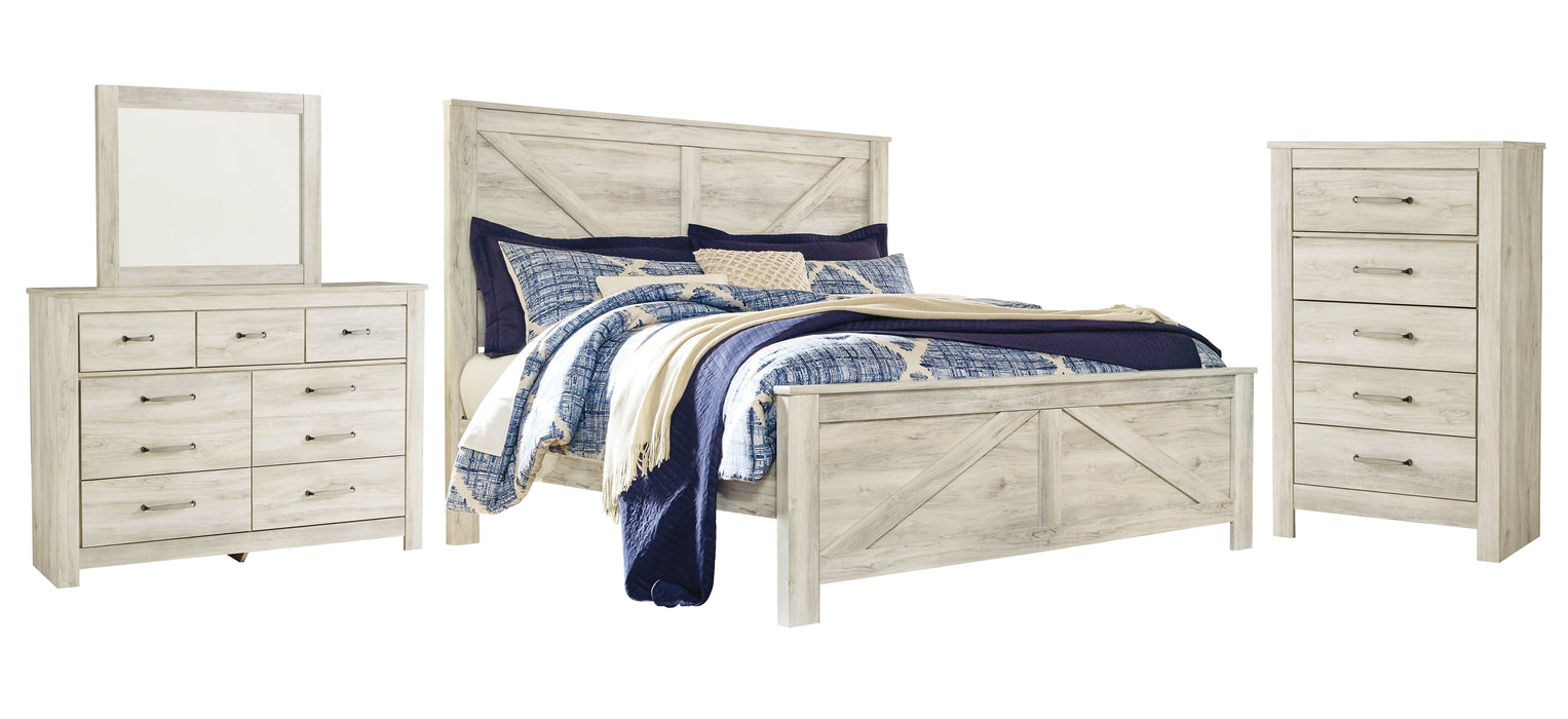 Bellaby Queen Crossbuck Panel Bed with Mirrored Dresser and Chest Homeline Furniture