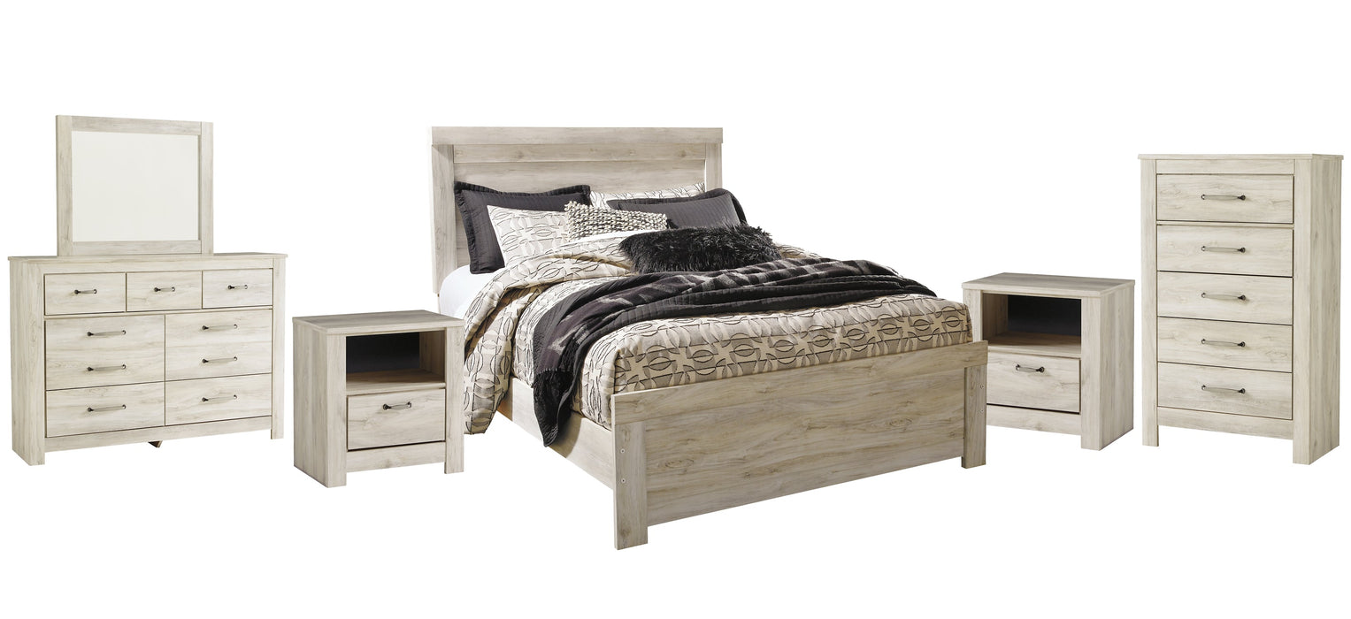 Bellaby Queen Panel Bed with Mirrored Dresser, Chest and 2 Nightstands Homeline Furniture