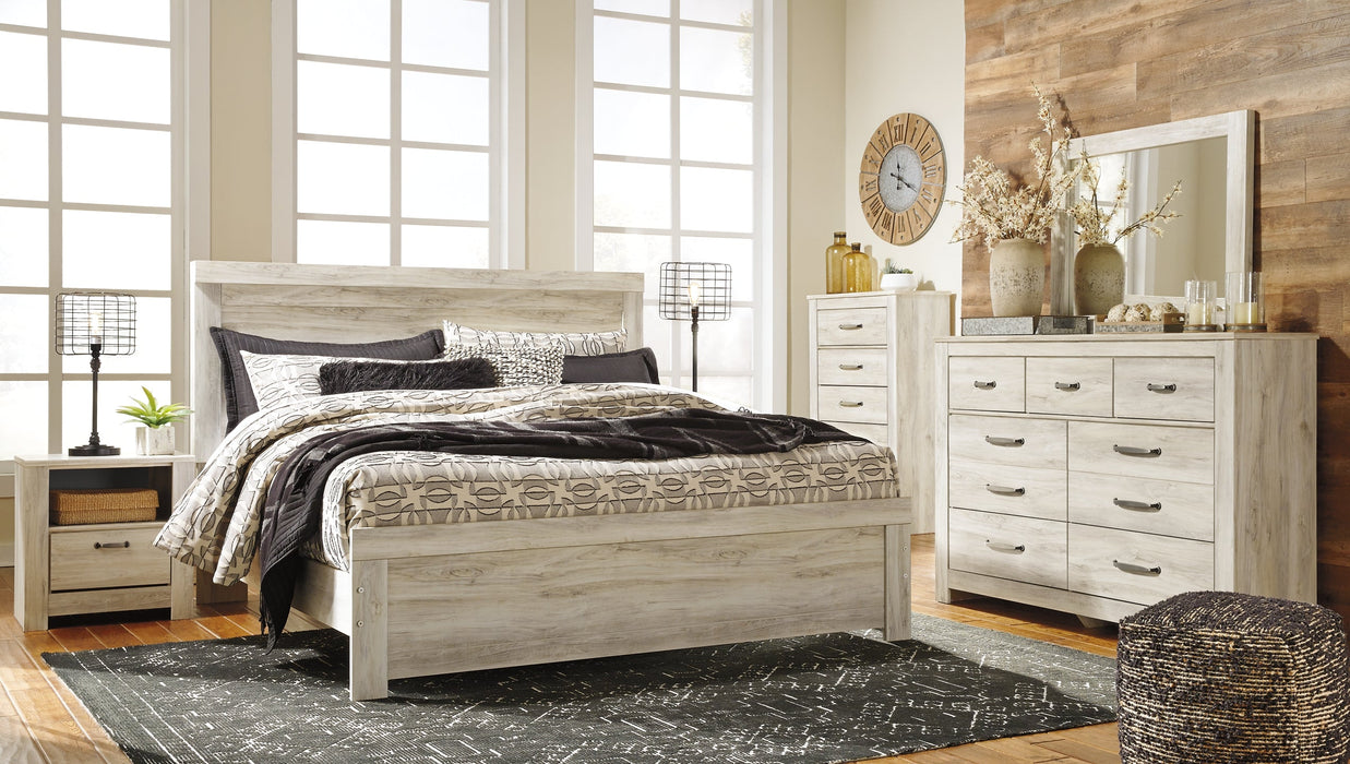 Bellaby Queen Panel Bed with Mirrored Dresser, Chest and Nightstand Homeline Furniture