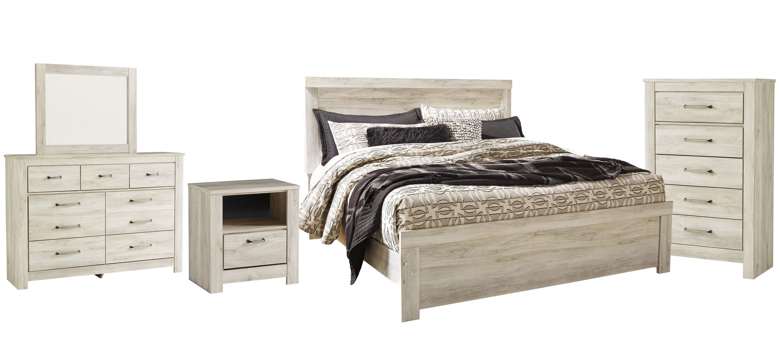 Bellaby Queen Panel Bed with Mirrored Dresser, Chest and Nightstand Homeline Furniture