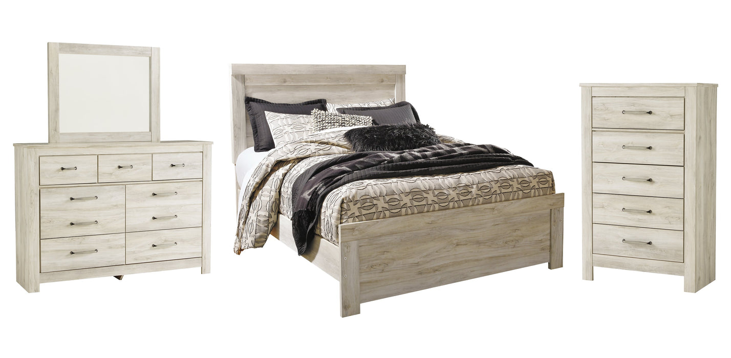 Bellaby Queen Panel Bed with Mirrored Dresser and Chest Homeline Furniture