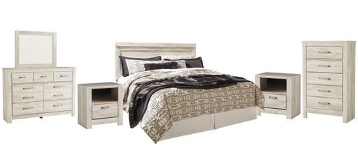 Bellaby Queen Panel Headboard with Mirrored Dresser, Chest and 2 Nightstands Homeline Furniture