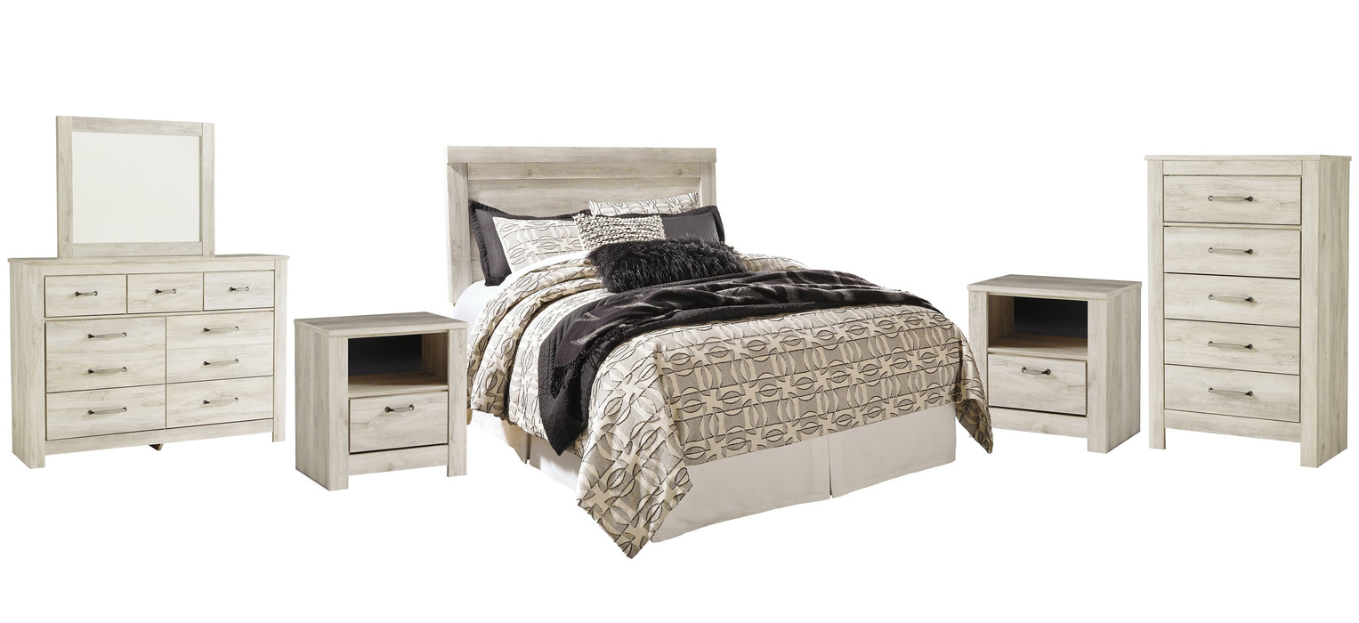 Bellaby Queen Panel Headboard with Mirrored Dresser, Chest and 2 Nightstands Homeline Furniture