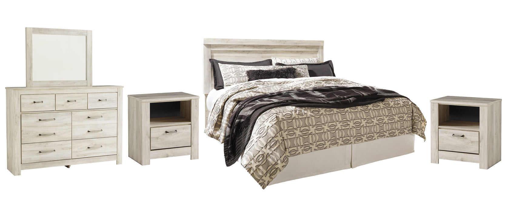 Bellaby Queen Panel Headboard with Mirrored Dresser and 2 Nightstands Homeline Furniture