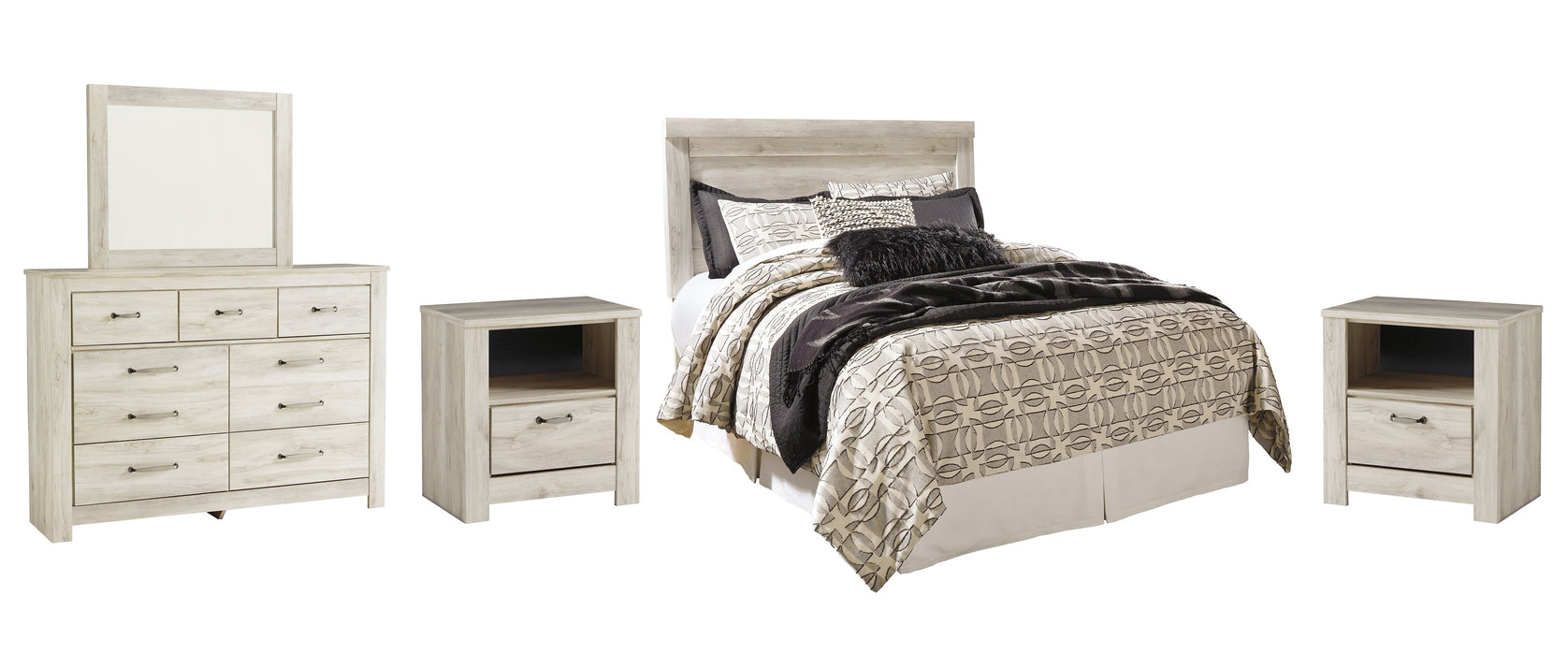 Bellaby Queen Panel Headboard with Mirrored Dresser and 2 Nightstands Homeline Furniture