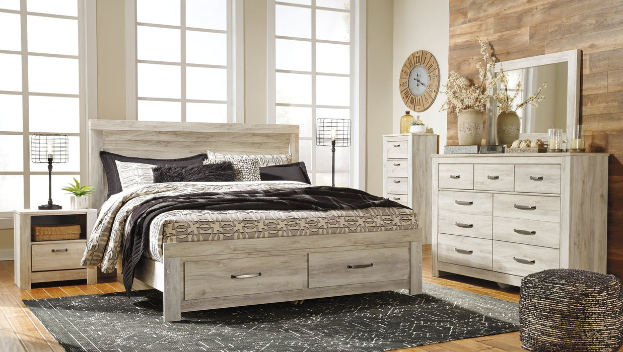 Bellaby Queen Platform Bed with 2 Storage Drawers with Mirrored Dresser, Chest and 2 Nightstands Homeline Furniture