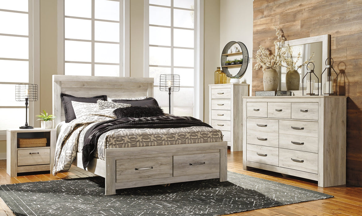 Bellaby Queen Platform Bed with 2 Storage Drawers with Mirrored Dresser, Chest and 2 Nightstands Homeline Furniture