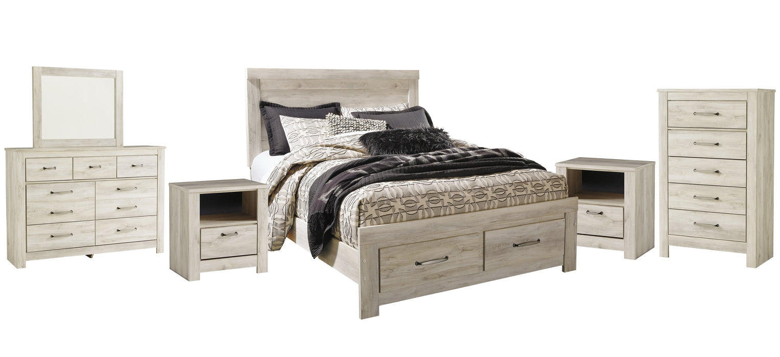 Bellaby Queen Platform Bed with 2 Storage Drawers with Mirrored Dresser, Chest and 2 Nightstands Homeline Furniture