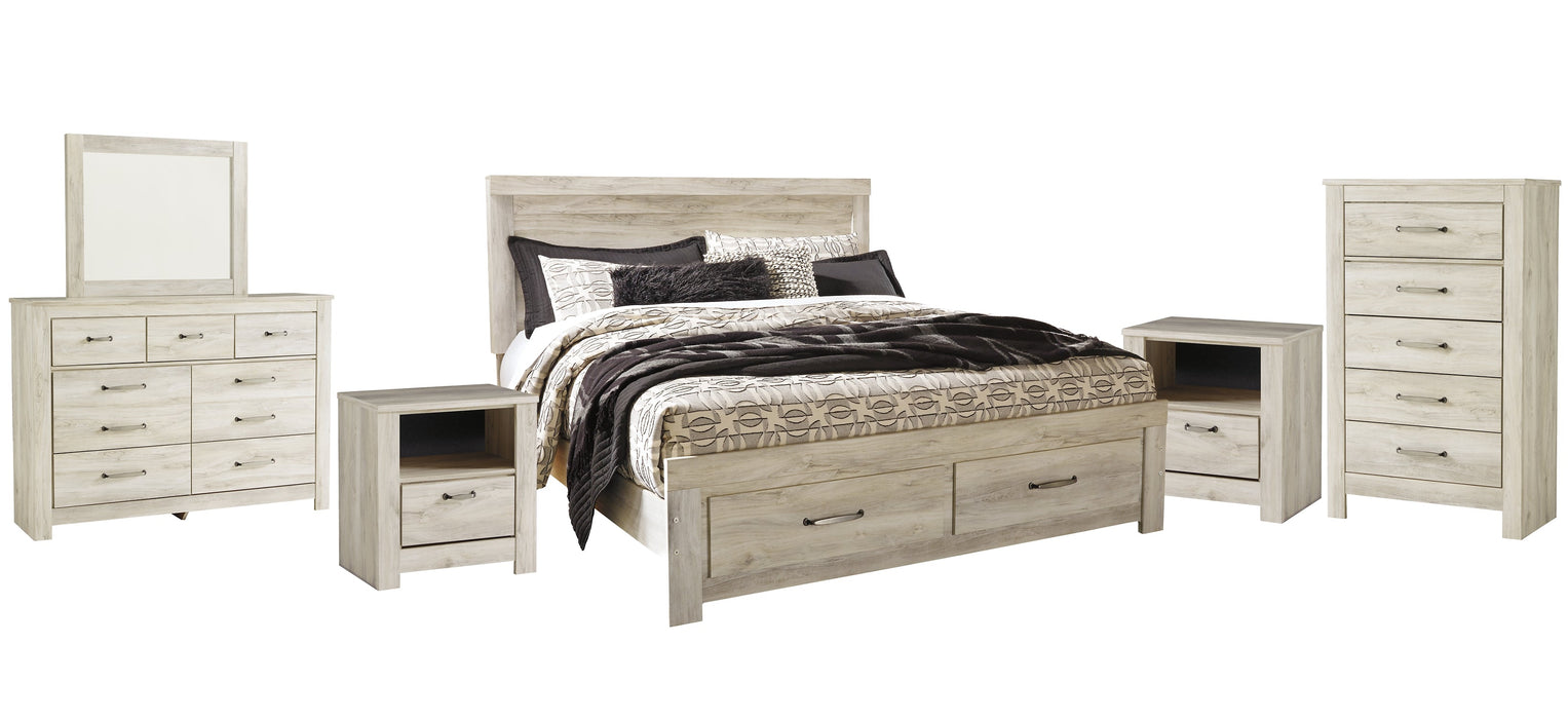 Bellaby Queen Platform Bed with 2 Storage Drawers with Mirrored Dresser, Chest and 2 Nightstands Homeline Furniture