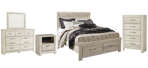 Bellaby Queen Platform Bed with 2 Storage Drawers with Mirrored Dresser, Chest and Nightstand Homeline Furniture