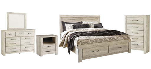 Bellaby Queen Platform Bed with 2 Storage Drawers with Mirrored Dresser, Chest and Nightstand Homeline Furniture