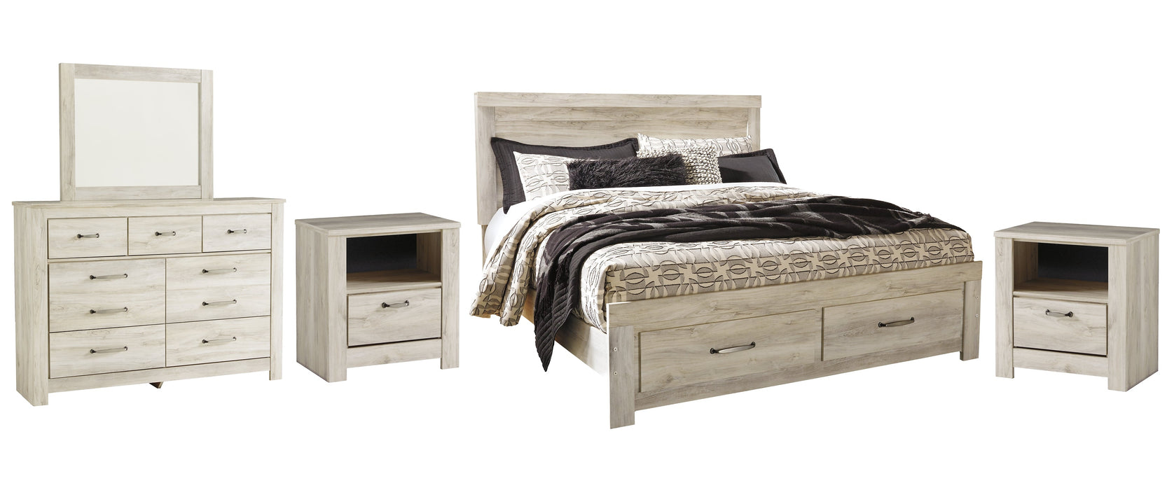 Bellaby Queen Platform Bed with 2 Storage Drawers with Mirrored Dresser and 2 Nightstands Homeline Furniture