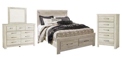 Bellaby Queen Platform Bed with 2 Storage Drawers with Mirrored Dresser and Chest Homeline Furniture