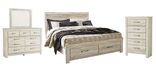 Bellaby Queen Platform Bed with 2 Storage Drawers with Mirrored Dresser and Chest Homeline Furniture