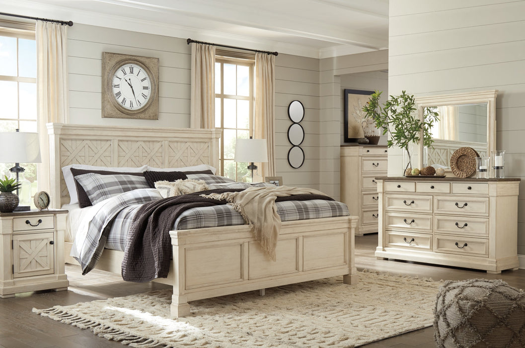 Bolanburg King Panel Bed with Mirrored Dresser, Chest and 2 Nightstands Homeline Furniture