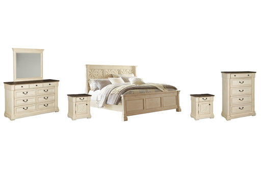 Bolanburg King Panel Bed with Mirrored Dresser, Chest and 2 Nightstands Homeline Furniture