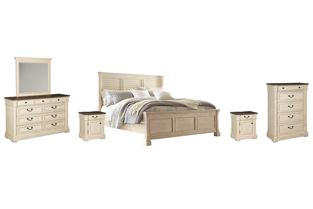 Bolanburg King Panel Bed with Mirrored Dresser, Chest and 2 Nightstands Homeline Furniture