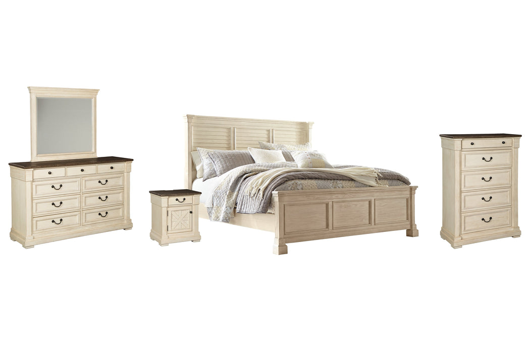 Bolanburg King Panel Bed with Mirrored Dresser, Chest and Nightstand Homeline Furniture