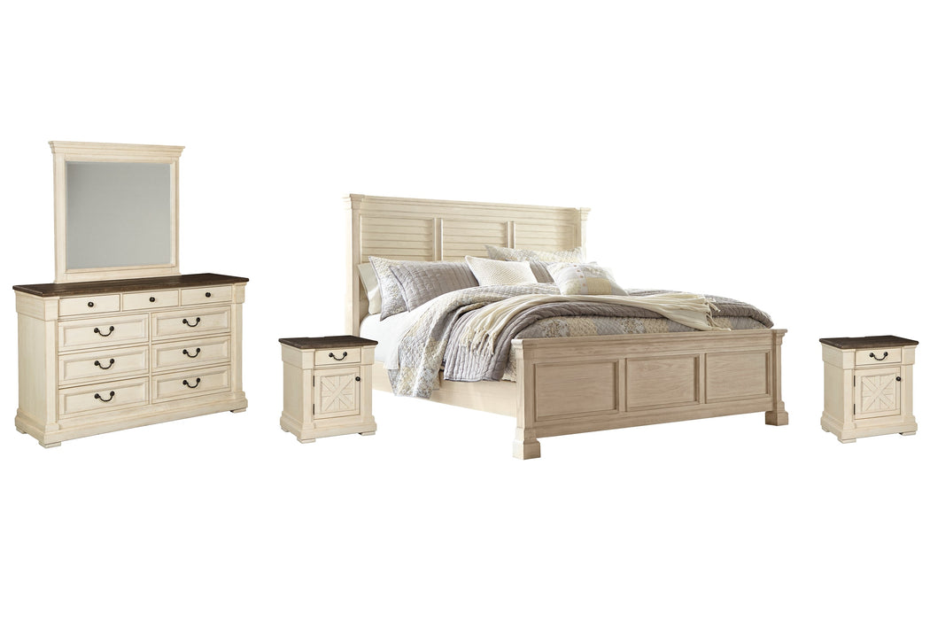 Bolanburg King Panel Bed with Mirrored Dresser and 2 Nightstands Homeline Furniture