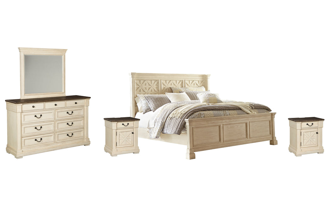 Bolanburg King Panel Bed with Mirrored Dresser and 2 Nightstands Homeline Furniture