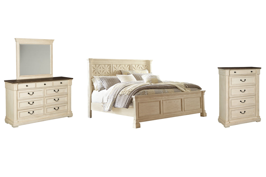 Bolanburg King Panel Bed with Mirrored Dresser and Chest Homeline Furniture